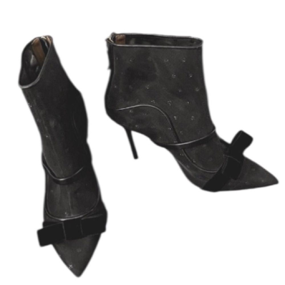 Malone Souliers Claudia By Ray Luwolt Italy Mesh Velvet Bow Pointy Toe Booties